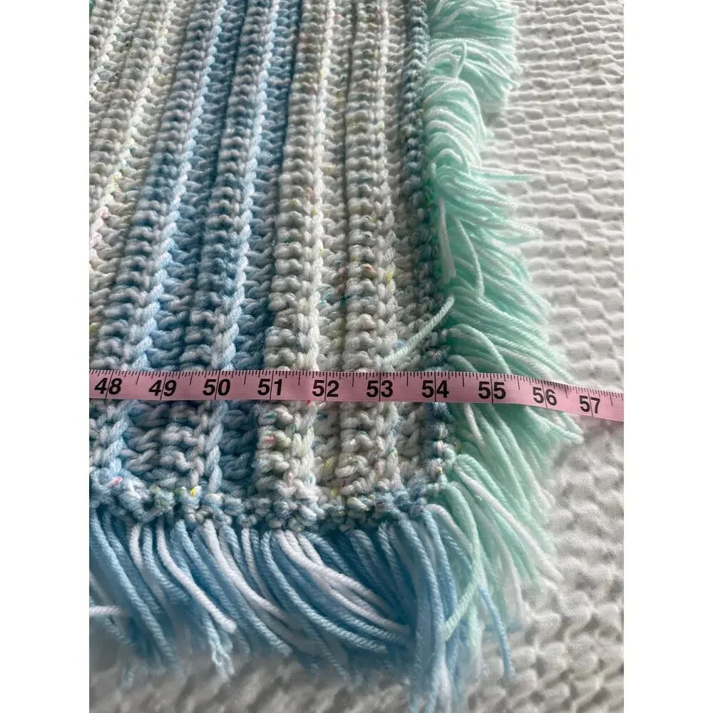 HANDMADE Crochet Afghan Throw Blanket 57x57 Pastel Blue Mint Fringed Cottagecore